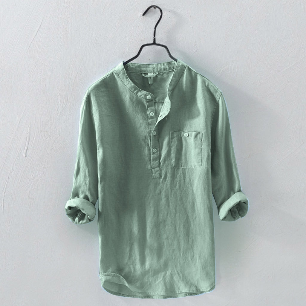 Green Linen Band-Collar Shirt front view on hanger