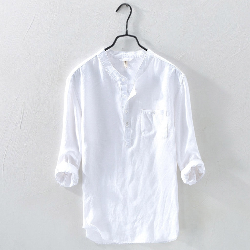 White Linen Band-Collar Shirt front view on hanger