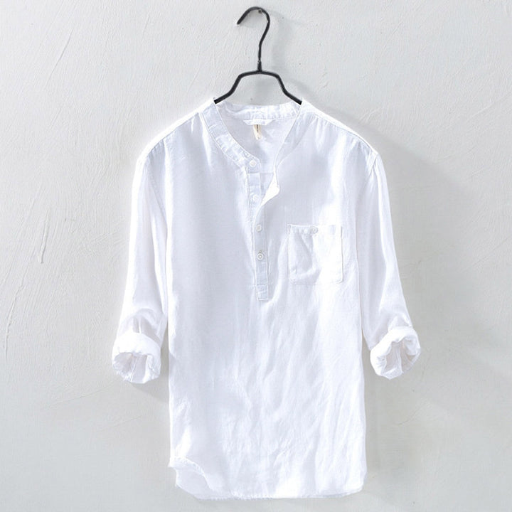 White Linen Band-Collar Shirt front view on hanger