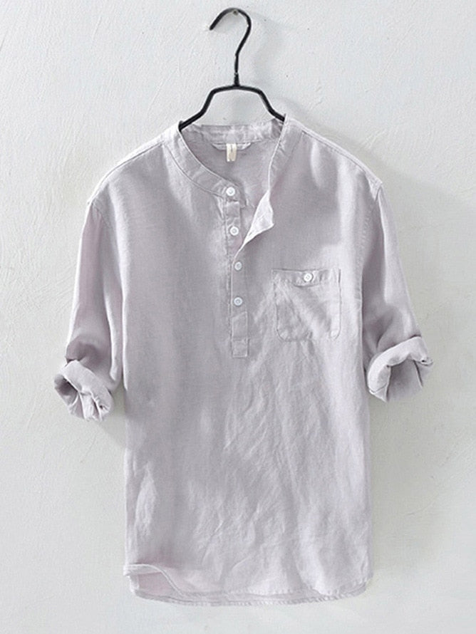 Gray Linen Band-Collar Shirt front view on hanger