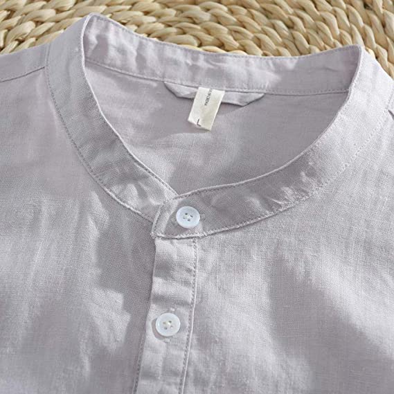 Linen Band-Collar Shirt collar and placket detail
