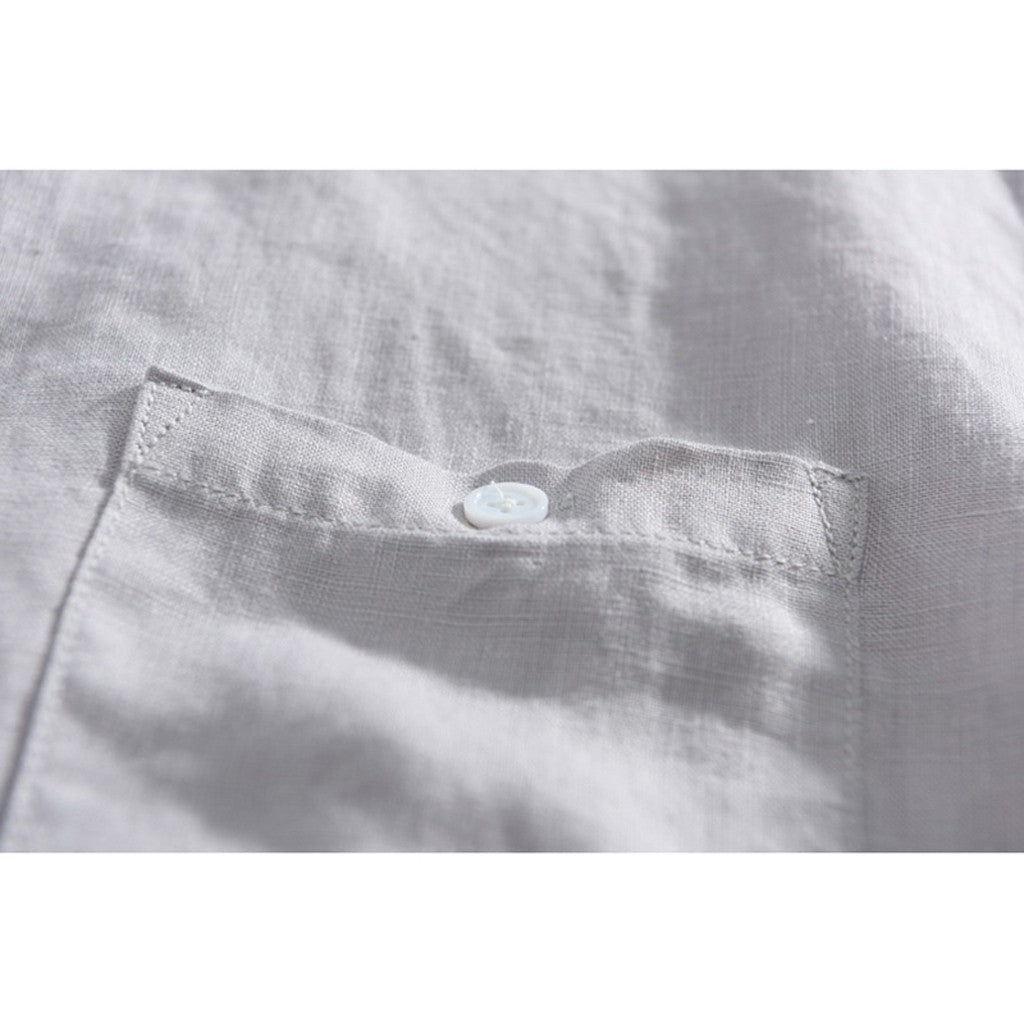 Linen Band-Collar Shirt chest pocket detail