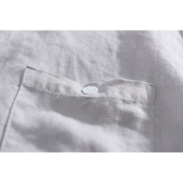 Linen Band-Collar Shirt chest pocket detail