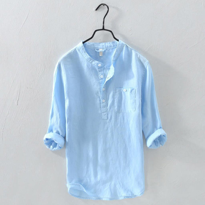 Blue Linen Band-Collar Shirt front view on hanger