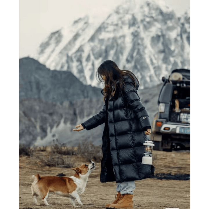 Long Black Puffer Jacket with attached hood front view