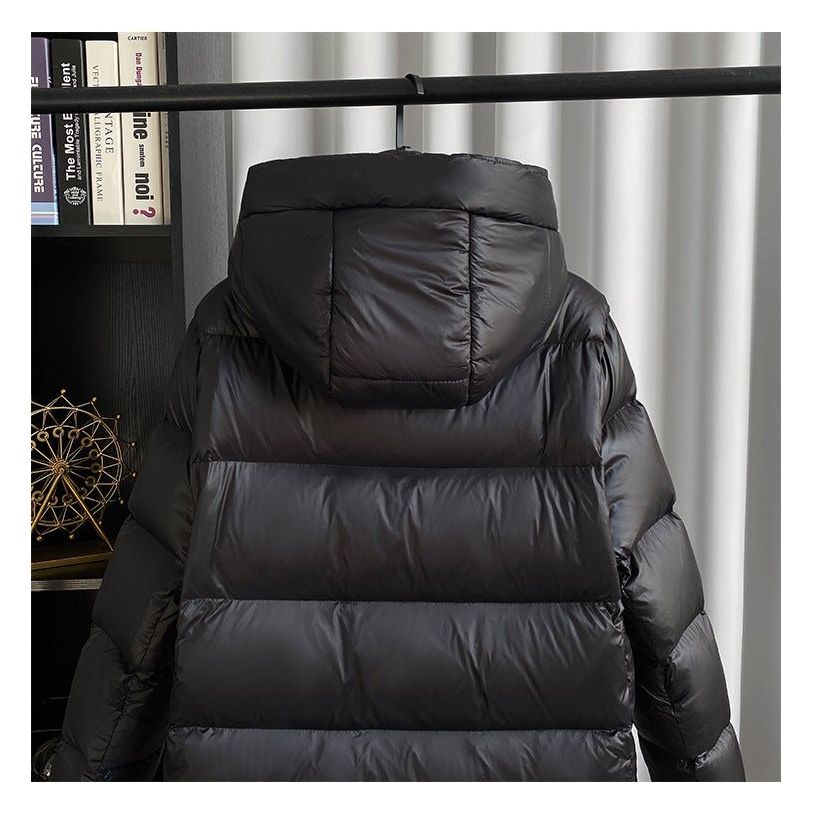 Long Black Puffer Jacket with attached hood view 2