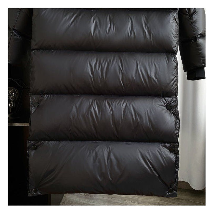 Long Black Puffer Jacket with attached hood view 3