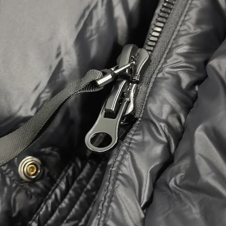 Long Black Puffer Jacket with attached hood view 4