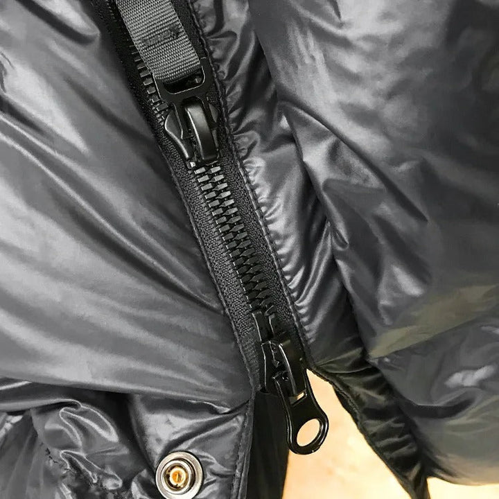 Long Black Puffer Jacket with attached hood view 7