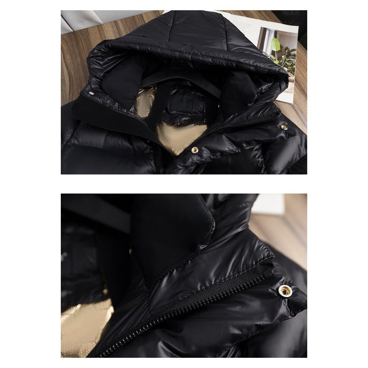 Long Black Puffer Jacket with attached hood view 8