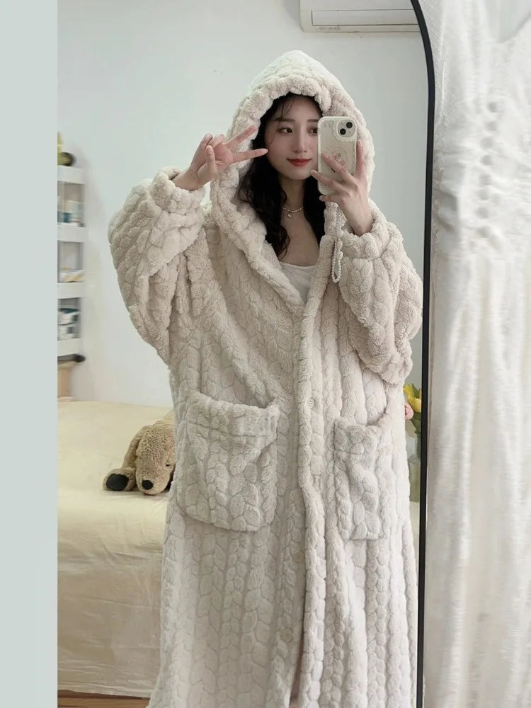 White Long Hooded Bathrobe front view