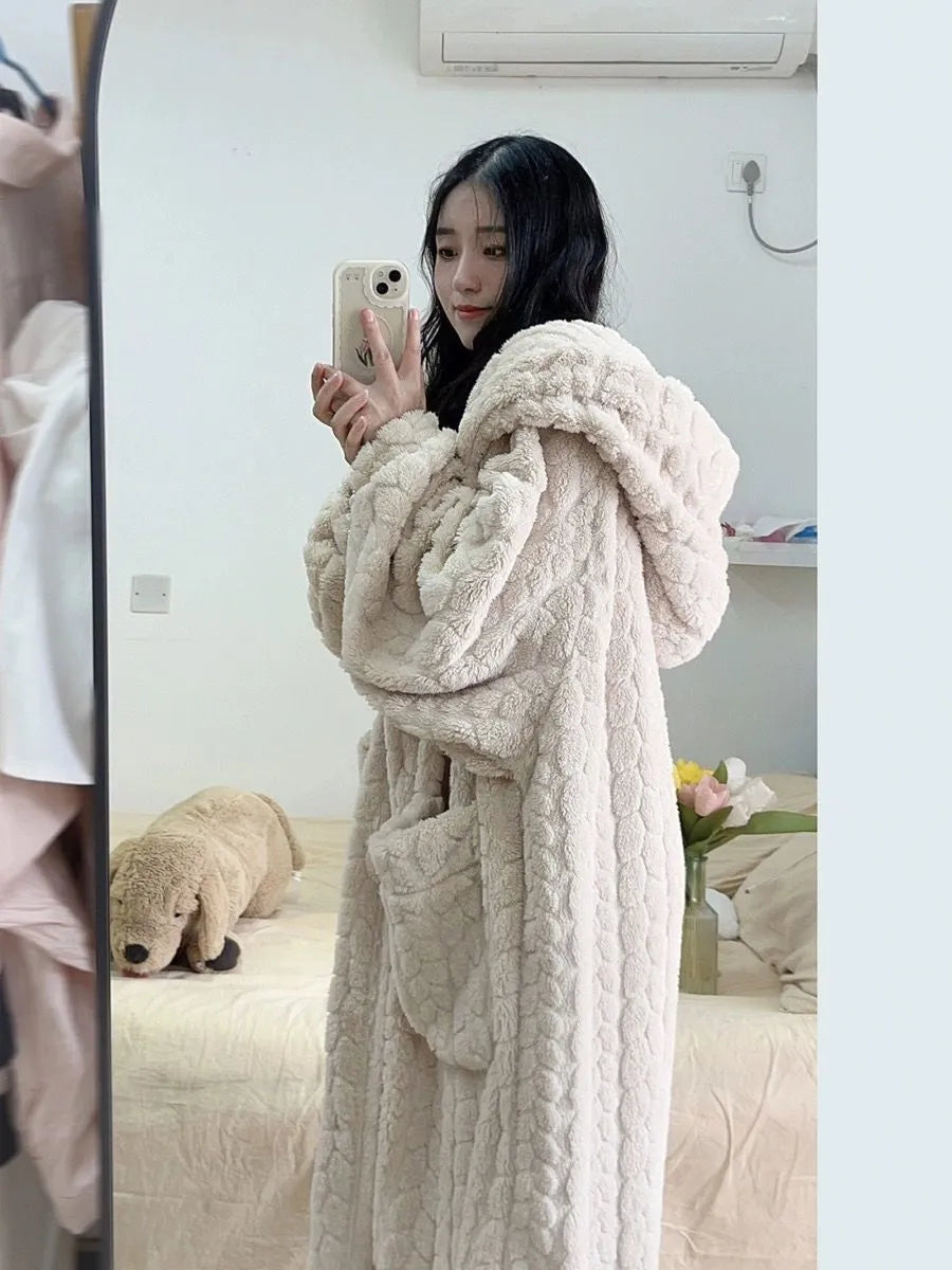 White Long Hooded Bathrobe worn lifestyle