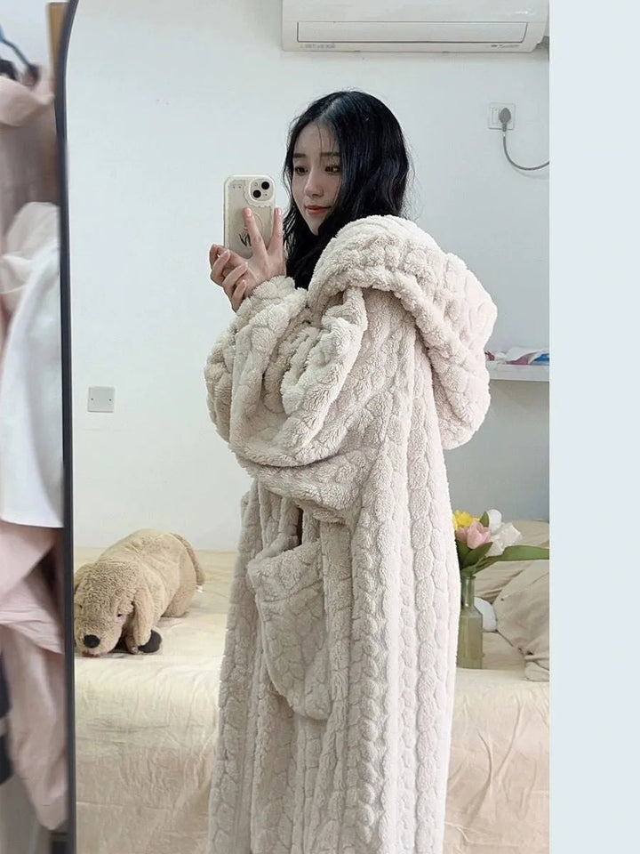 White Long Hooded Bathrobe worn lifestyle