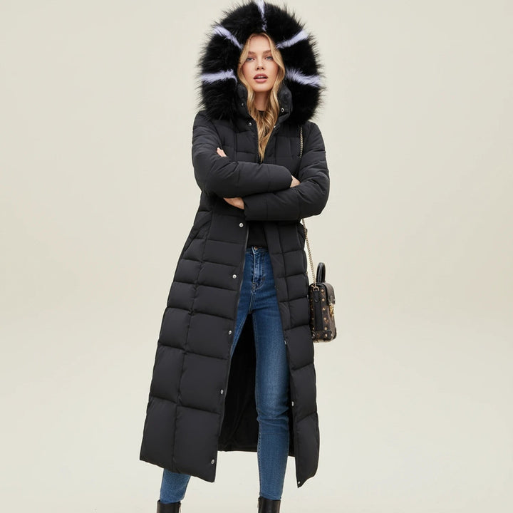Black Long Hooded Puffer Coat with Tie Belt worn front view