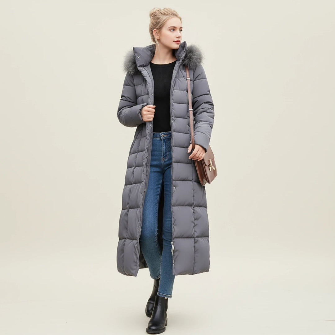 Dark Gray Long Hooded Puffer Coat with Tie Belt worn front view