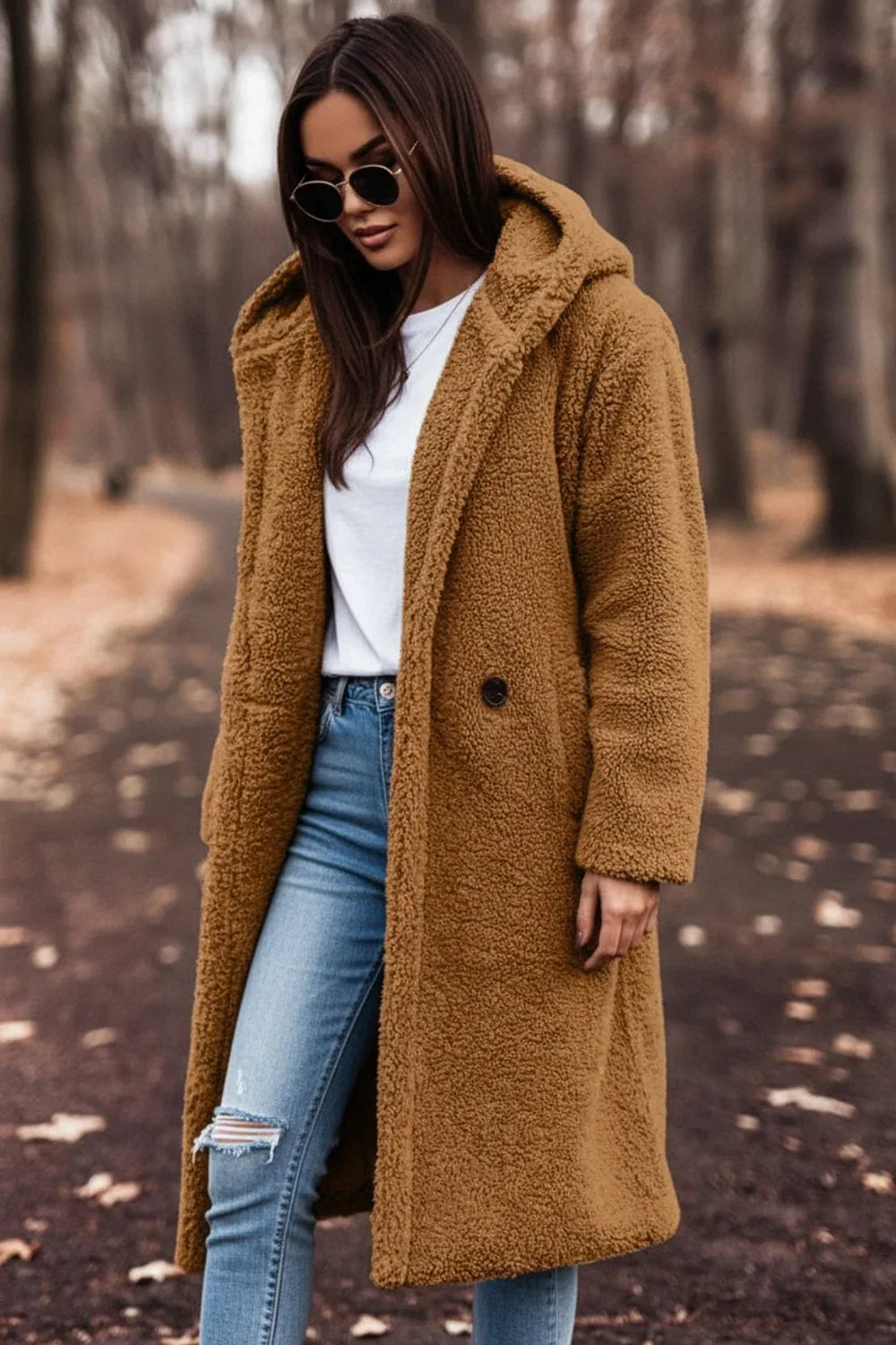 Light Brown Long Hooded Teddy Coat worn front view