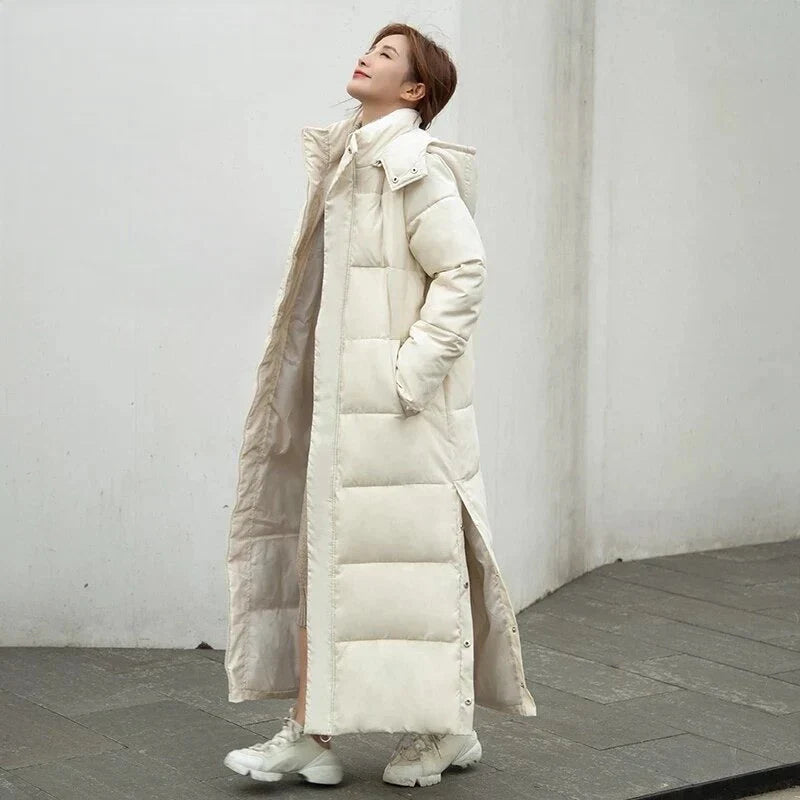 Beige Long Quilted Puffer Coat front view