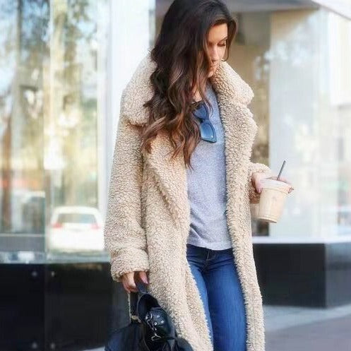 Apricot Long Teddy Fleece Coat front view