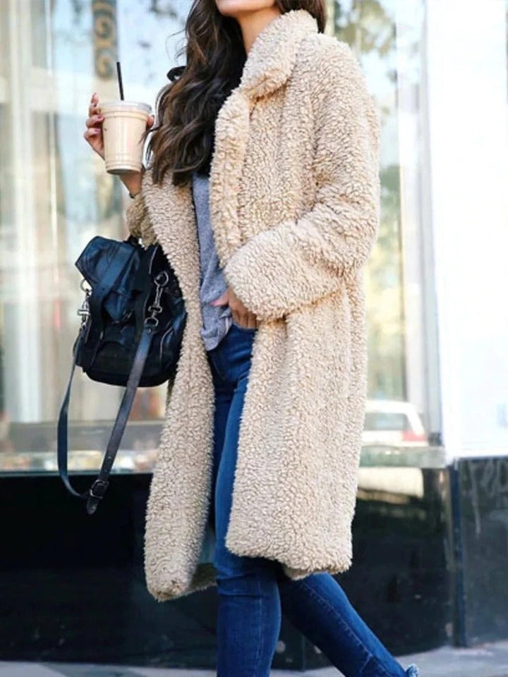 Apricot Long Teddy Fleece Coat side view