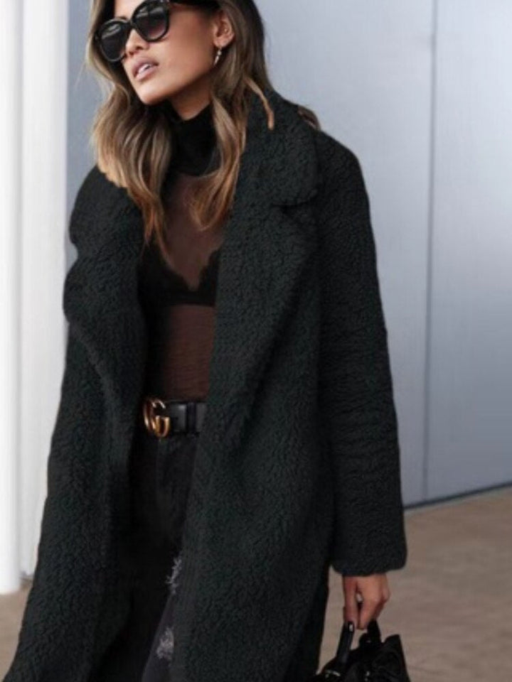 Black Long Teddy Fleece Coat front view