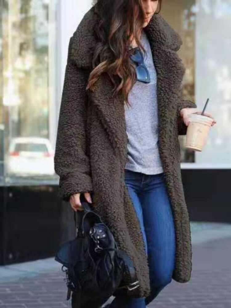 Apricot Long Teddy Fleece Coat worn lifestyle