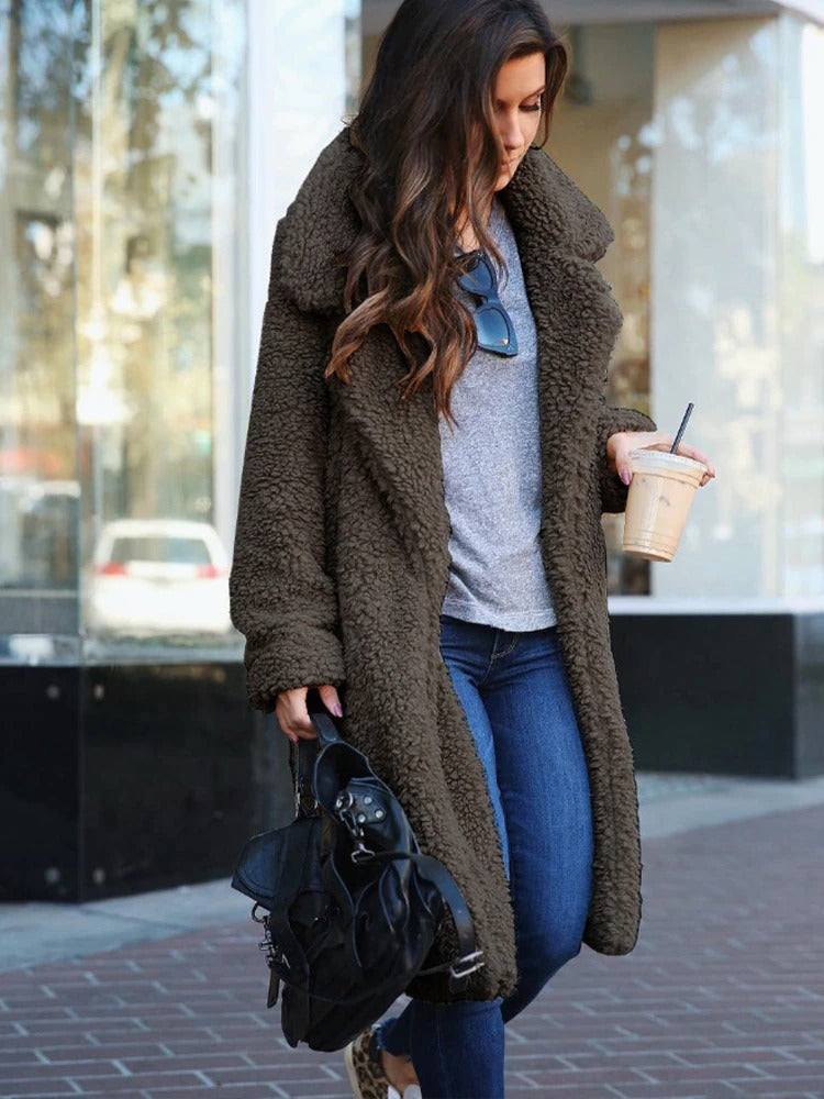 Dark Grey Long Teddy Fleece Coat front view