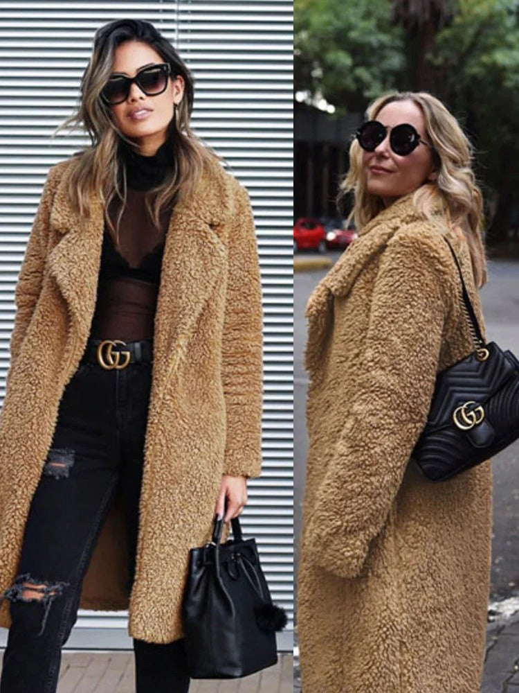 Apricot Long Teddy Fleece Coat worn lifestyle