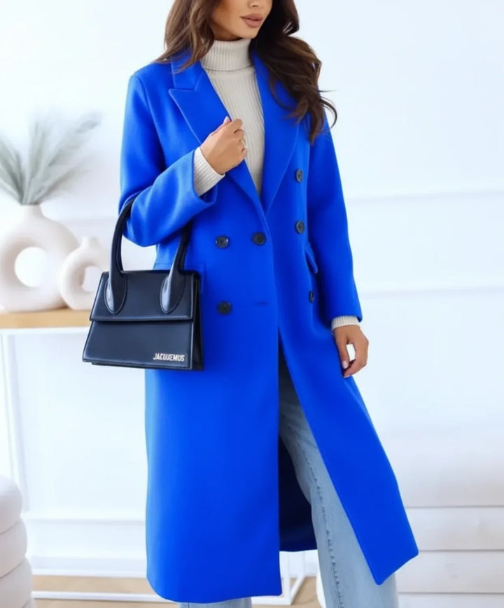 Blue Long Wool Blend Overcoat worn front view