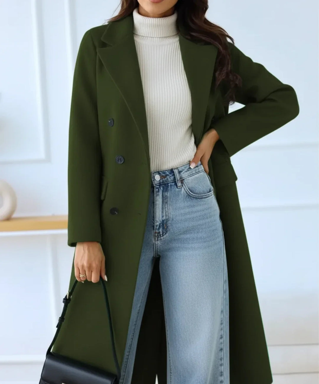 Green Long Wool Blend Overcoat worn front view