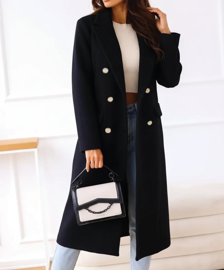 Black Long Wool Blend Overcoat worn front view