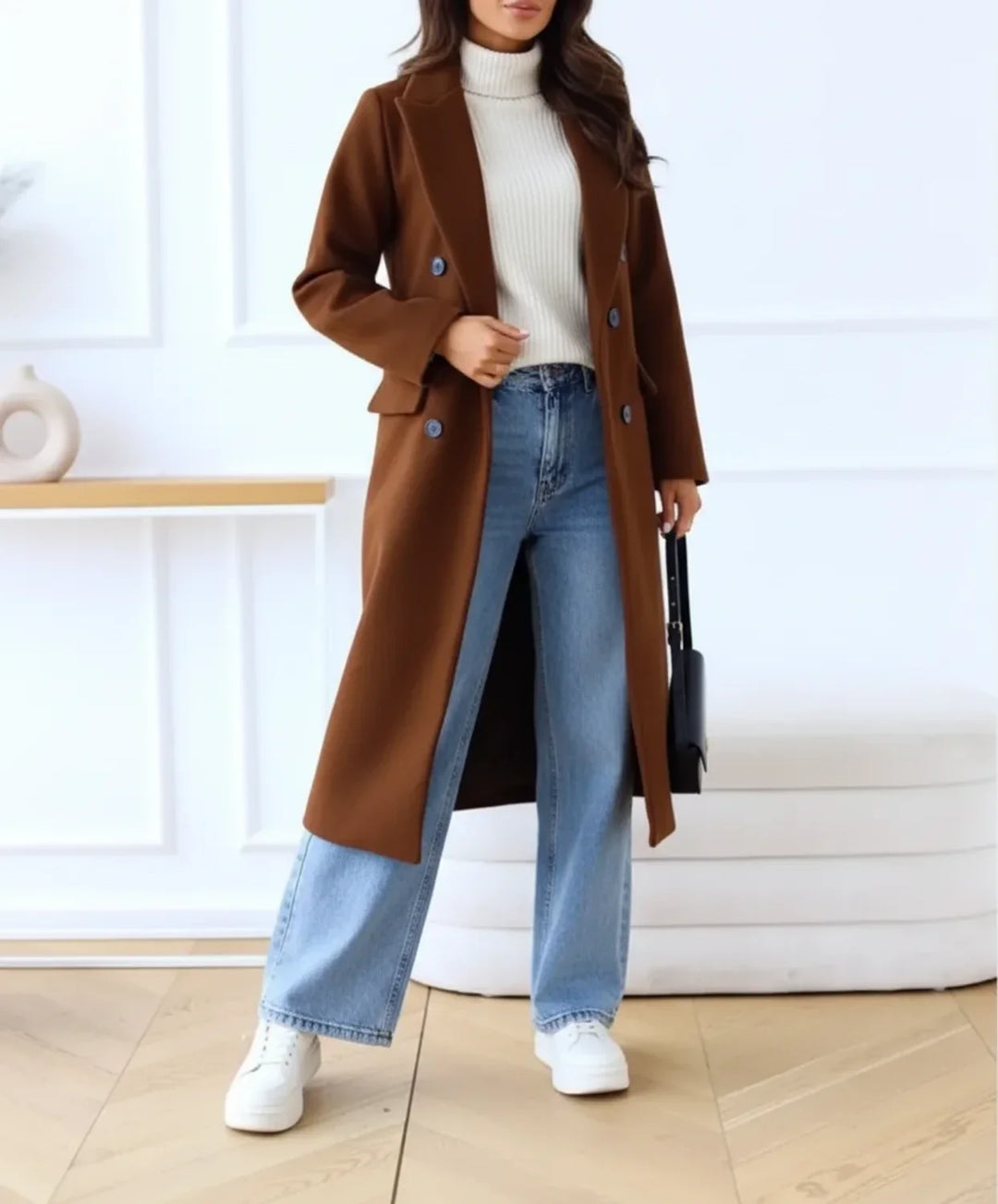 Brown Long Wool Blend Overcoat worn front view