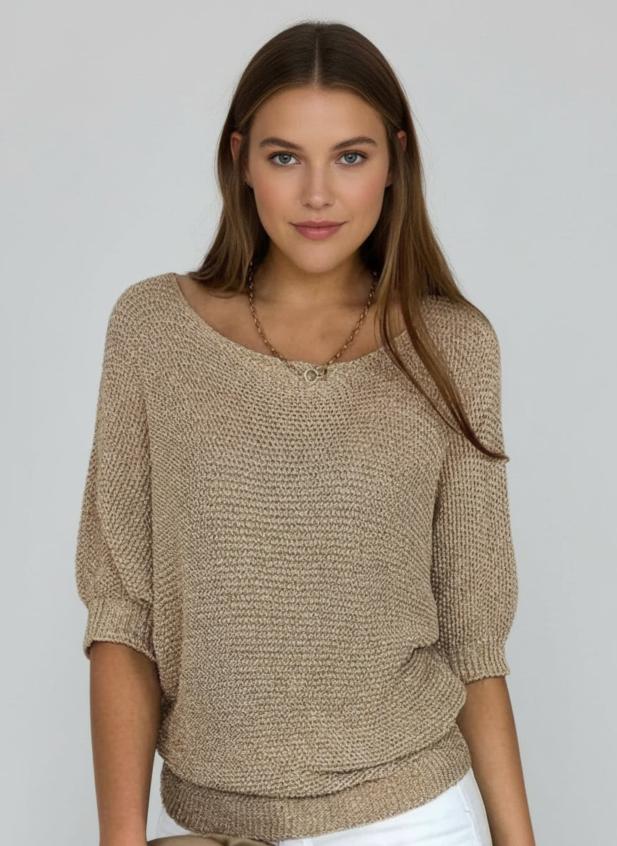 Gold Loose-Knit Crew-Neck Sweater worn front view