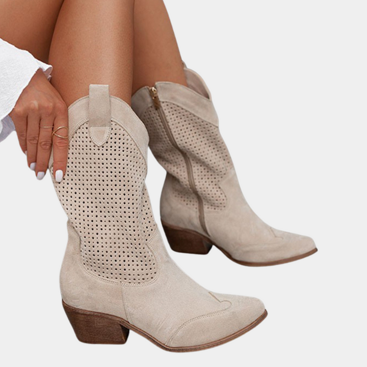 Beige Low-Heel Western Cowboy Boots view 6