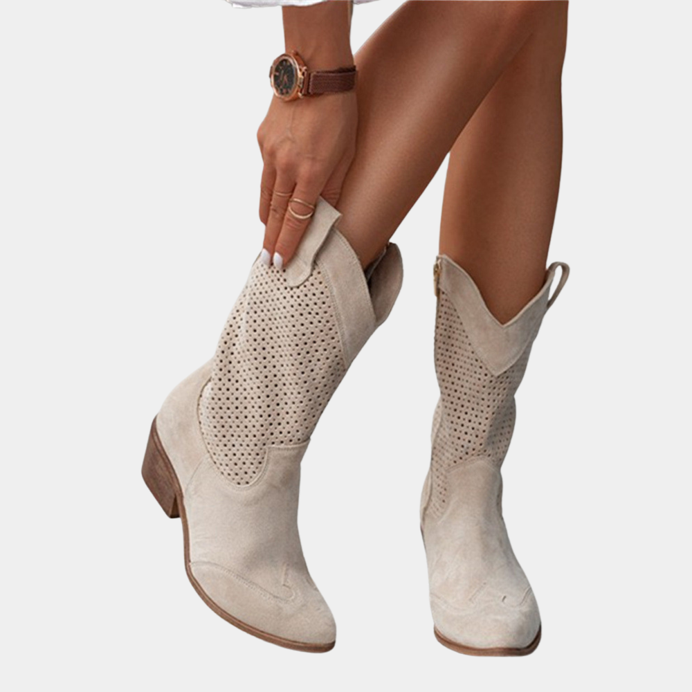 Beige Low-Heel Western Cowboy Boots view 7