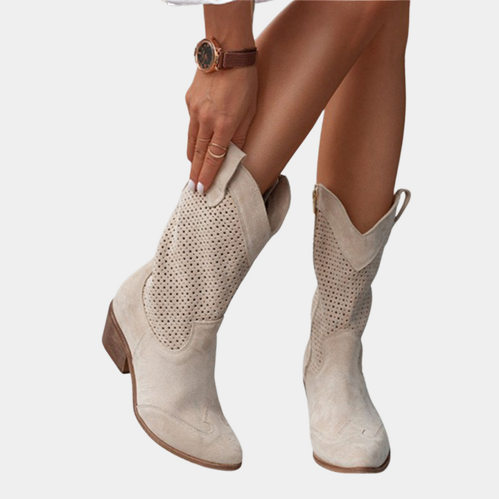 Beige Low-Heel Western Cowboy Boots view 7
