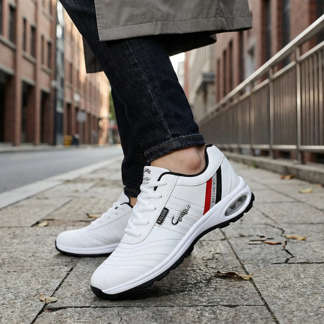 White Low-Profile Lace-Up Sneakers worn lifestyle