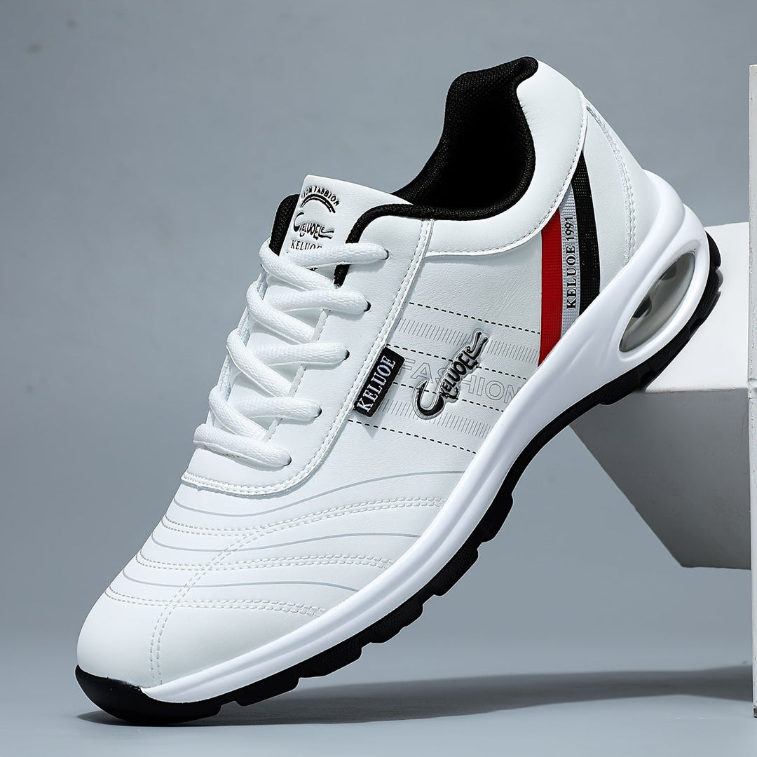 White Low-Profile Lace-Up Sneakers side view on display
