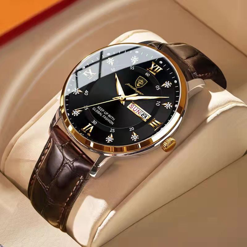 Gold Black Luminous Day-Date Leather Watch angled view