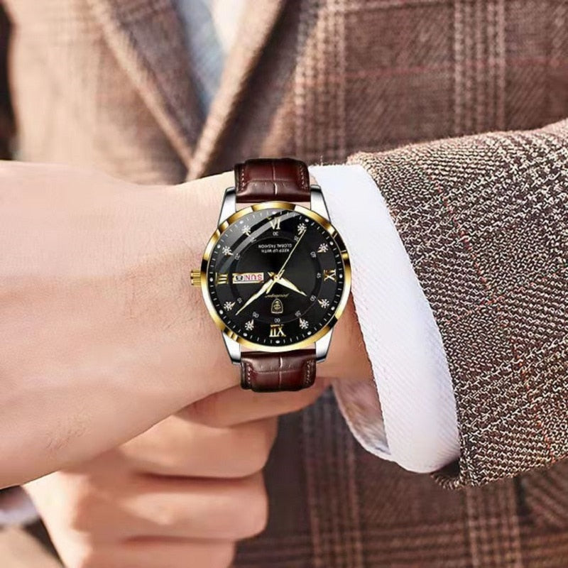 Gold Black Luminous Day-Date Leather Watch worn on wrist