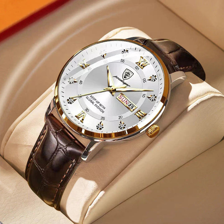 Gold White Luminous Day-Date Leather Watch angled view