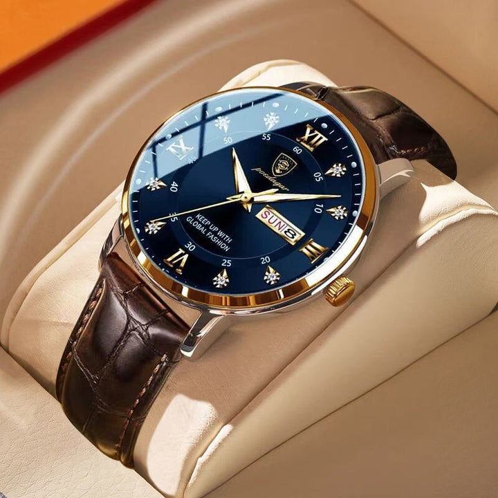 Gold Blue Luminous Day-Date Leather Watch angled view