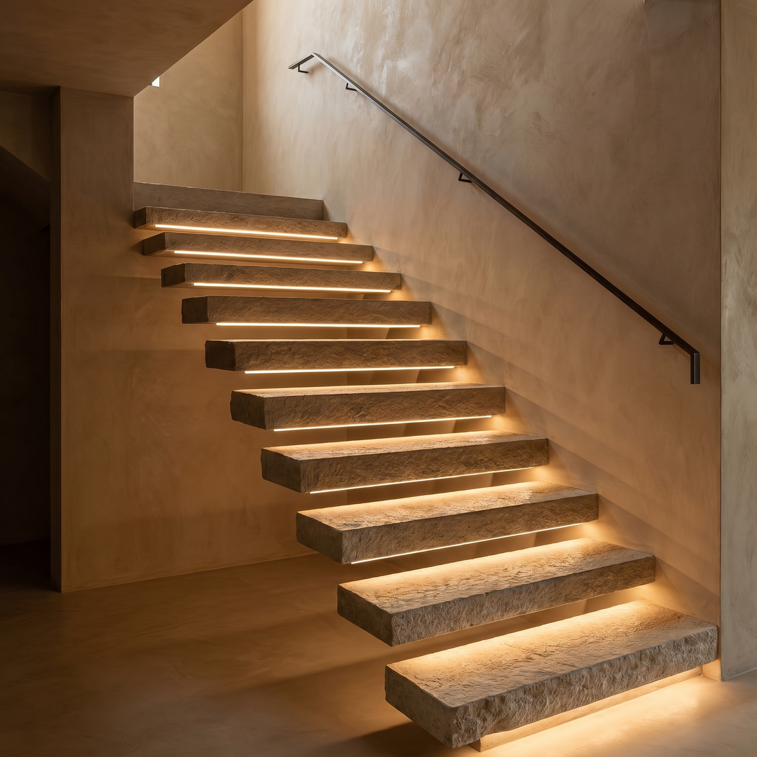Magnetic Motion Sensor Cabinet Lights lighting a staircase