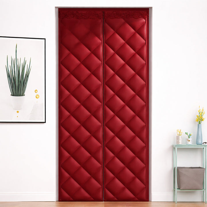 Red quilted magnetic door curtain in a room