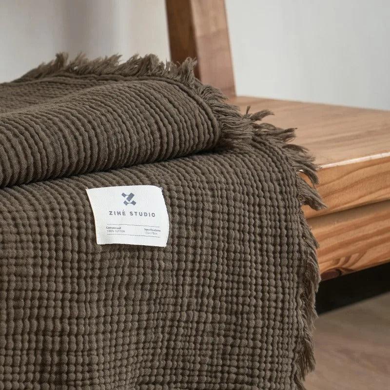 Dark Green Waffle Cotton Throw fringe detail