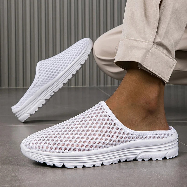 White Orthopedic Mesh Slip-On Sneakers worn lifestyle