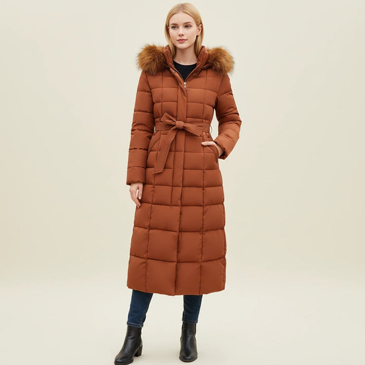 Caramel Maxi Belted Puffer Coat worn front view
