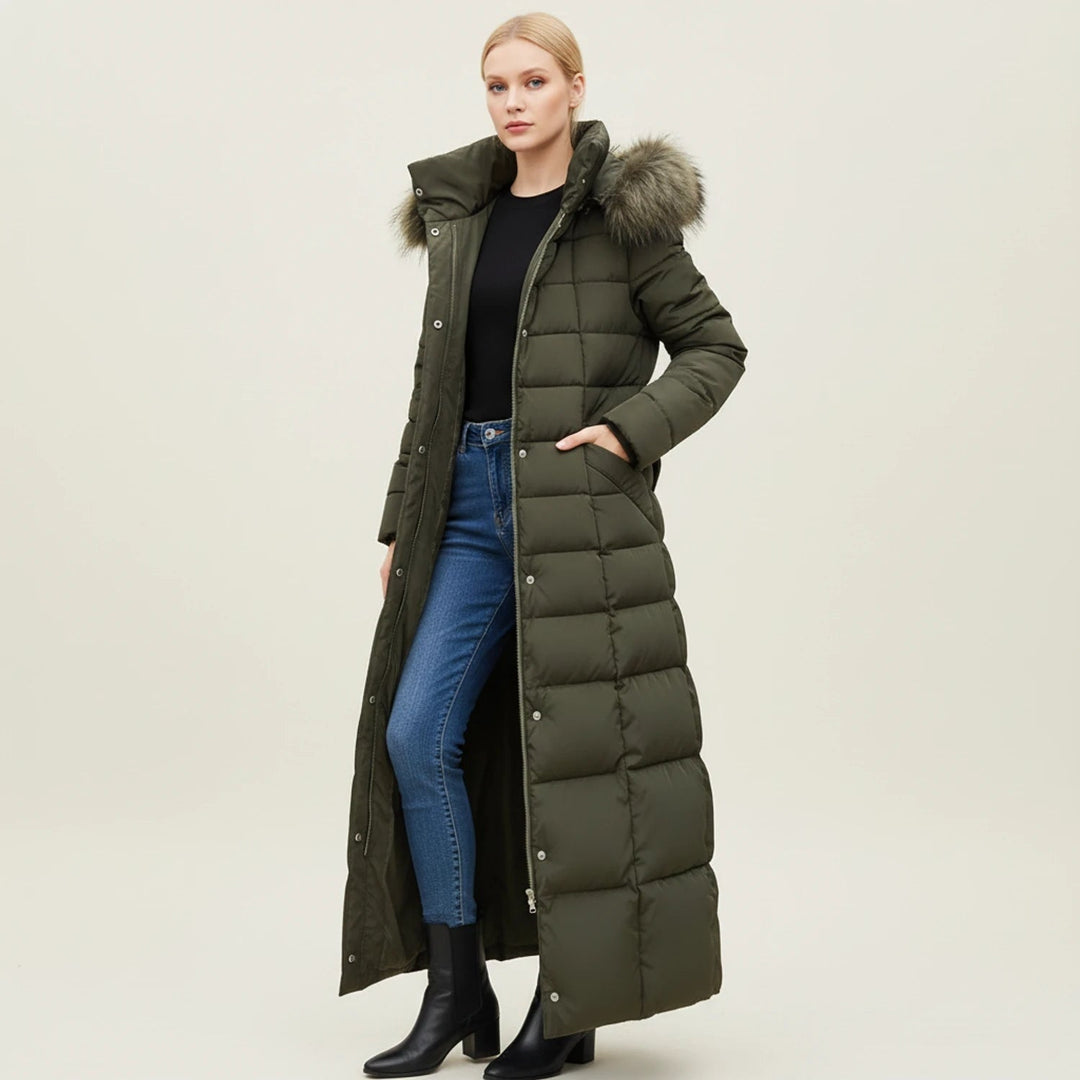 Army Green Maxi Belted Puffer Coat worn front view