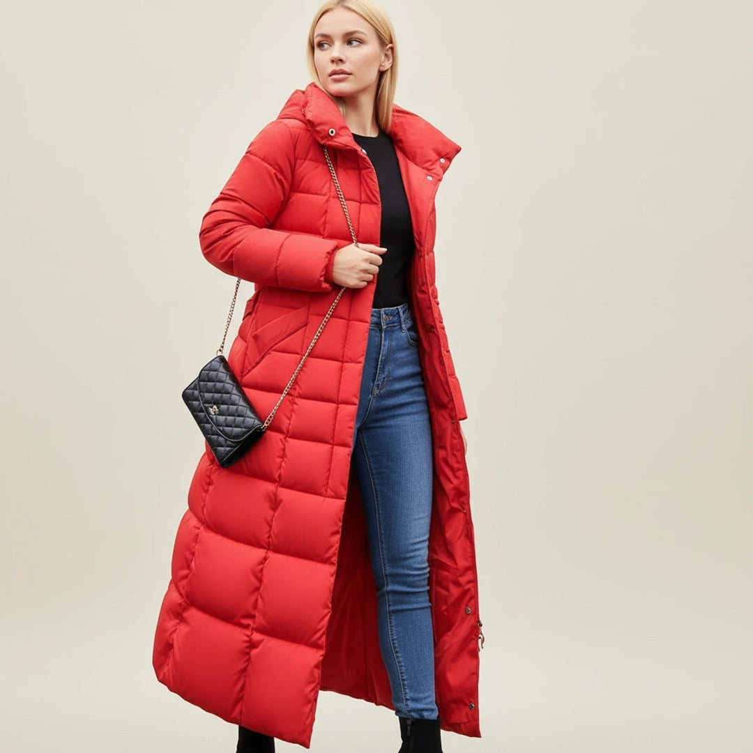 Red Maxi Belted Puffer Coat worn front view