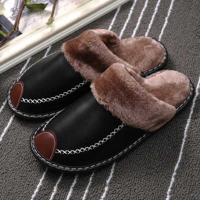 Black Men's Faux Leather Fur Collar House Slippers
