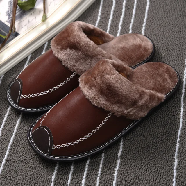 Light Brown Men's Faux Leather Fur Collar House Slippers